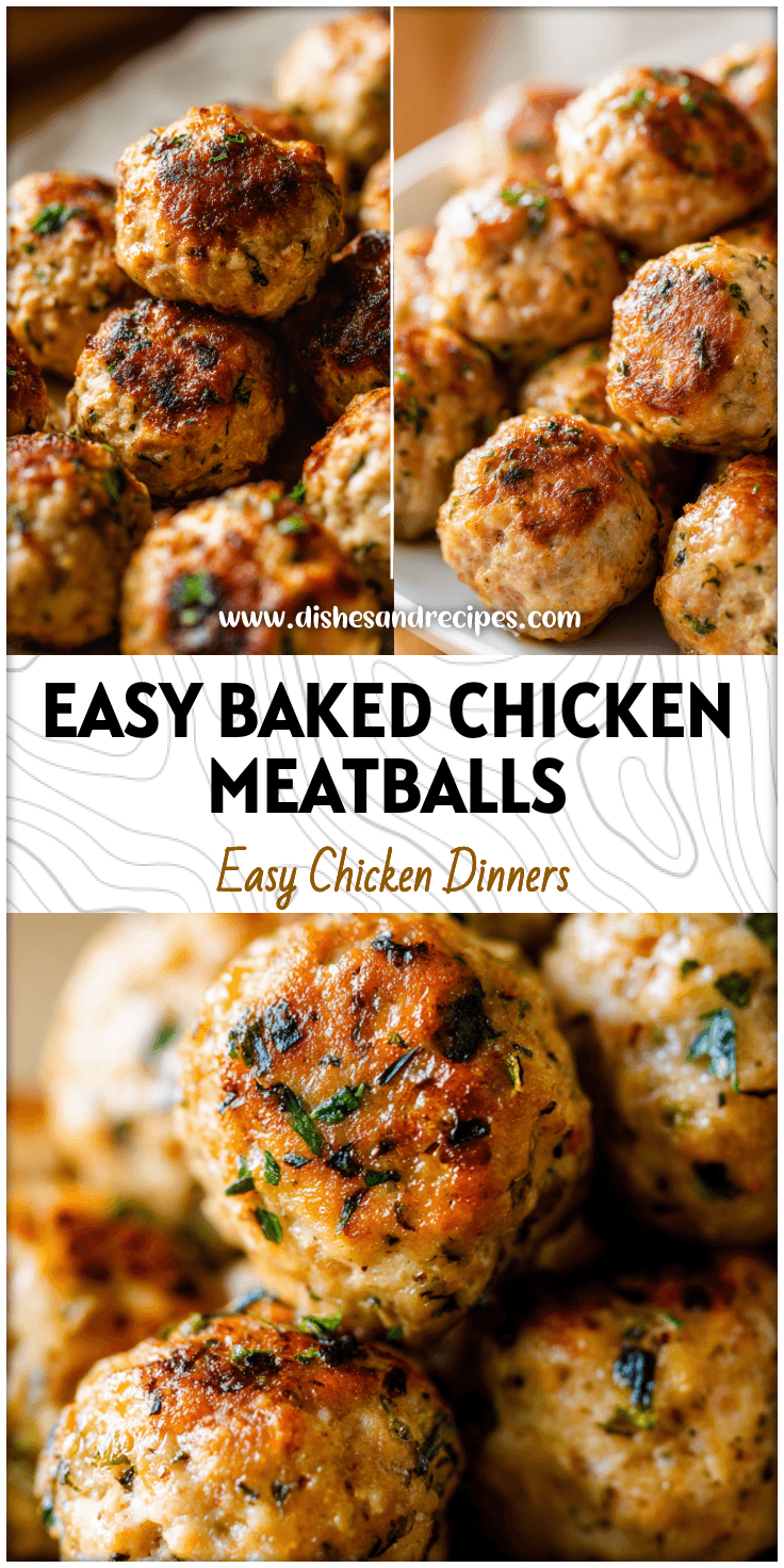 Golden baked chicken meatballs served on a tray with herbs and sauce made from ground chicken balls.